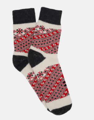 Женские носки из натуральной шерсти теплые мягкие зимние качественные высокие Лана Орнамент серо-красные
