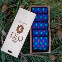 Шкарпетки чоловічі подарунковій дерев'яній коробці Лео з принтом «Мільйонер» 5 пар., чоловічі шкарпетки в кейсі, Синий