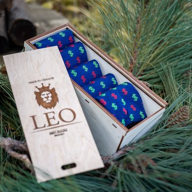 Шкарпетки чоловічі подарунковій дерев'яній коробці Лео з принтом «Мільйонер» 5 пар., чоловічі шкарпетки в кейсі, Синий
