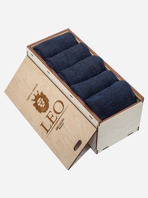 Подарочный набор махровых мужских носков в деревянном кейсе Лео Лайкра Меланж синий 5 пар.40-42р